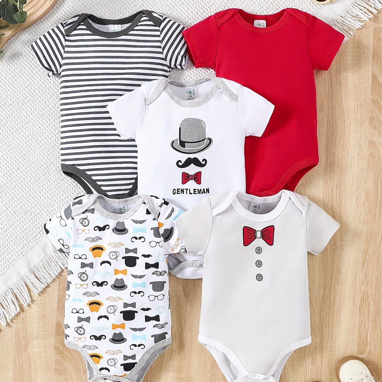 5pcs Baby Boys Marine Style Cotton Short Sleeve Bodysuits Summer Romper Set