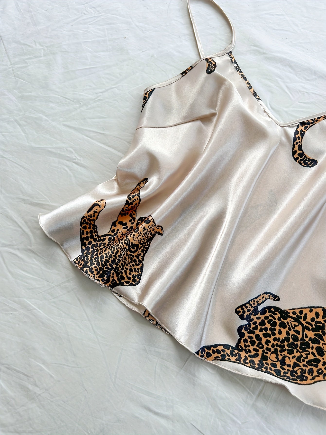 Leopard Print V-Neck Suspender Pajama Set for Adults