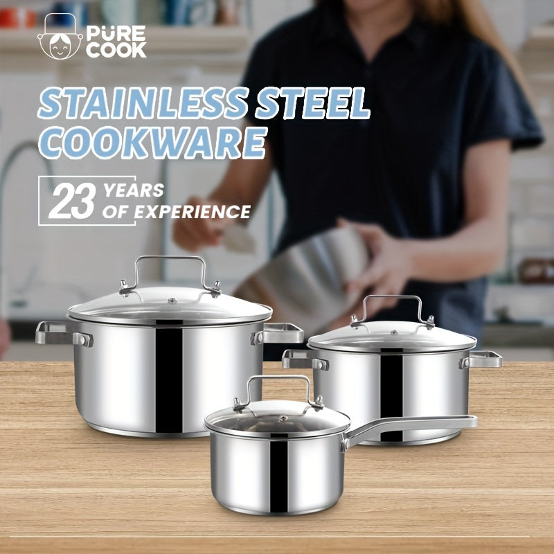 Set of 6 Stainless Steel Cooking Pots with Glass Lids Induction Electric Gas Safe Dishwasher Safe