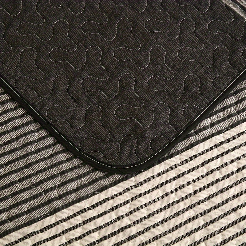 3-Piece Brushed Bedspread Set in Black Grey White Stripes with Pillowcases for Bedroom and Guest Room