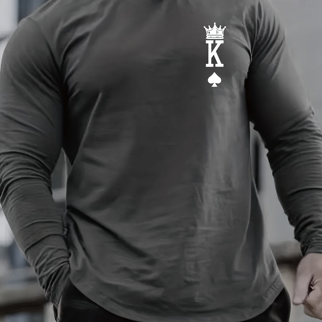 Erkaklar uchun King Print Uzun Qol T-Shirt - 100% Polyester, O'rtacha Cho'zilish, Oddiy Fit, Kuz/Bahar uchun Katta O'lchamli T-Shirt