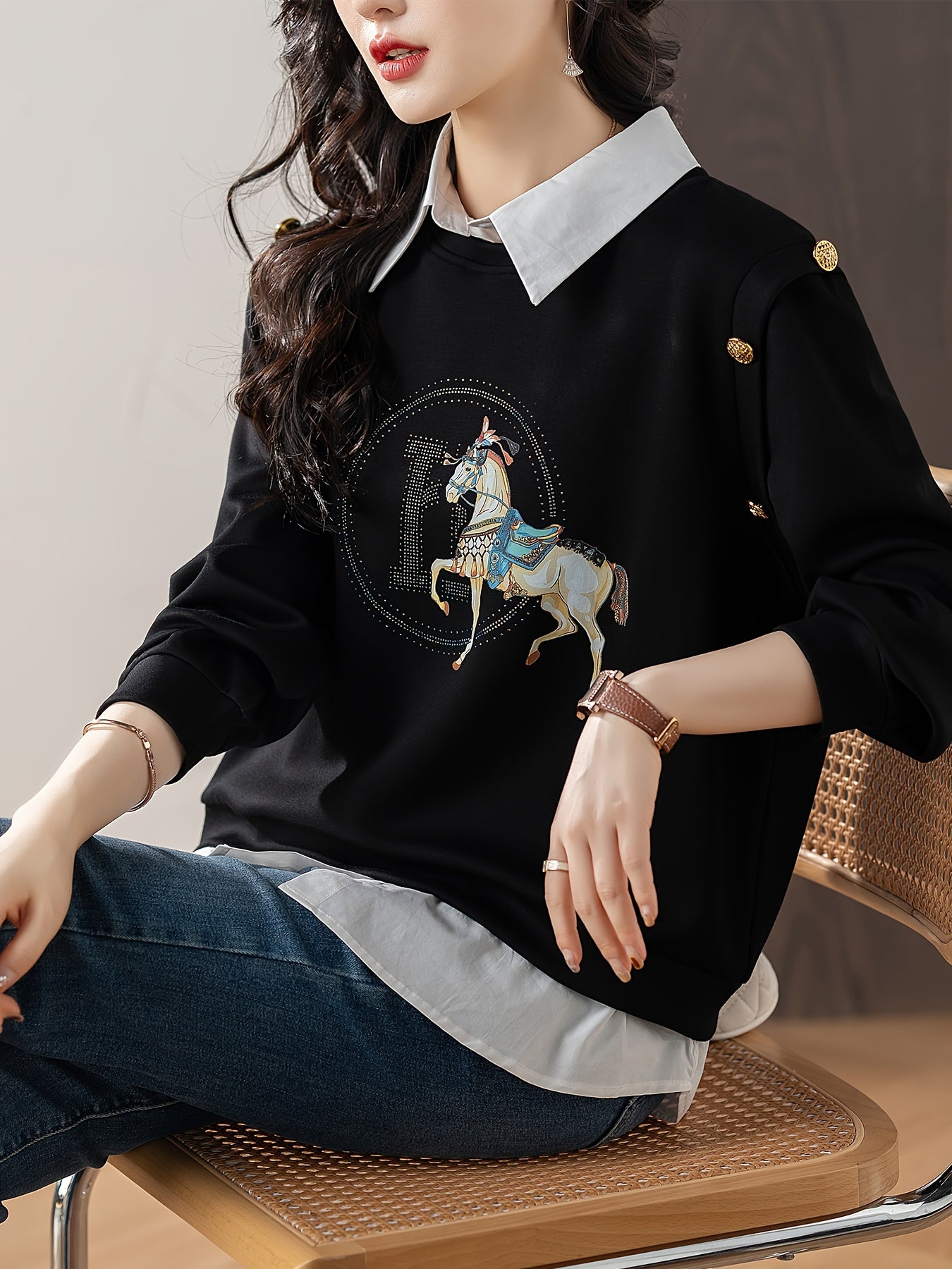 Women Black Pullover Sweater with Contrast Collar and Long Sleeves