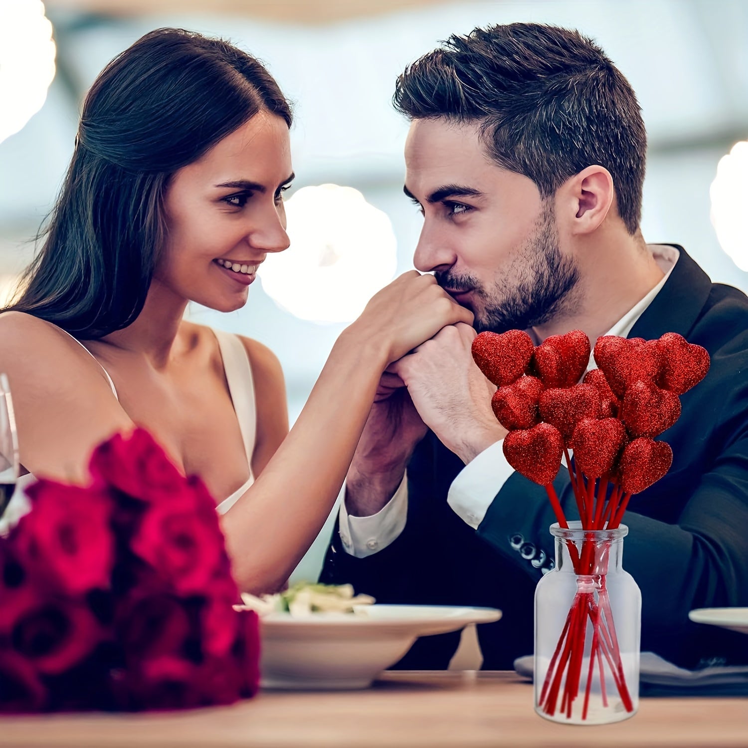 24 Red and Pink Glitter Foam Heart Picks for Valentine's Day and Wedding Decor