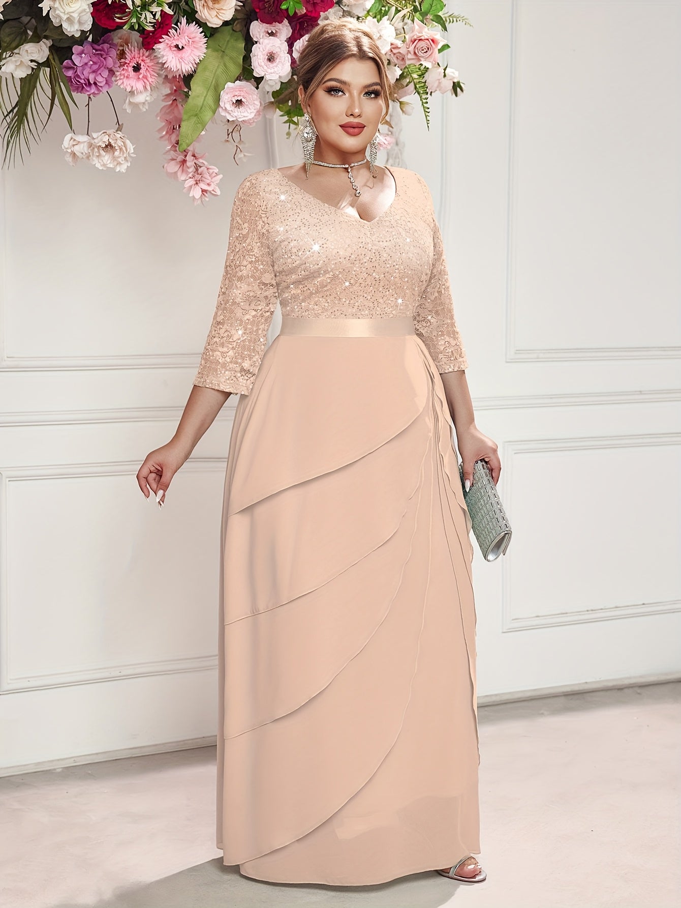 Plus Size Women's Sequin Lace V-Neck Maxi Dress Formal Evening Gown