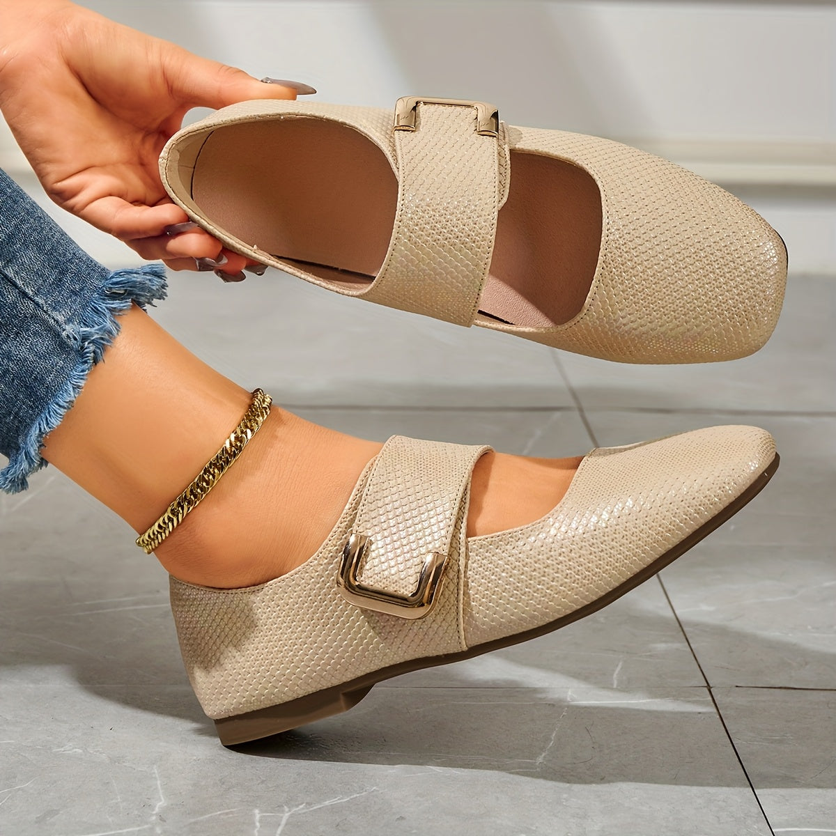 Women's Mary Jane Flats Square Toe Non-Slip Soft Sole Casual Shoes in White Beige Yellow