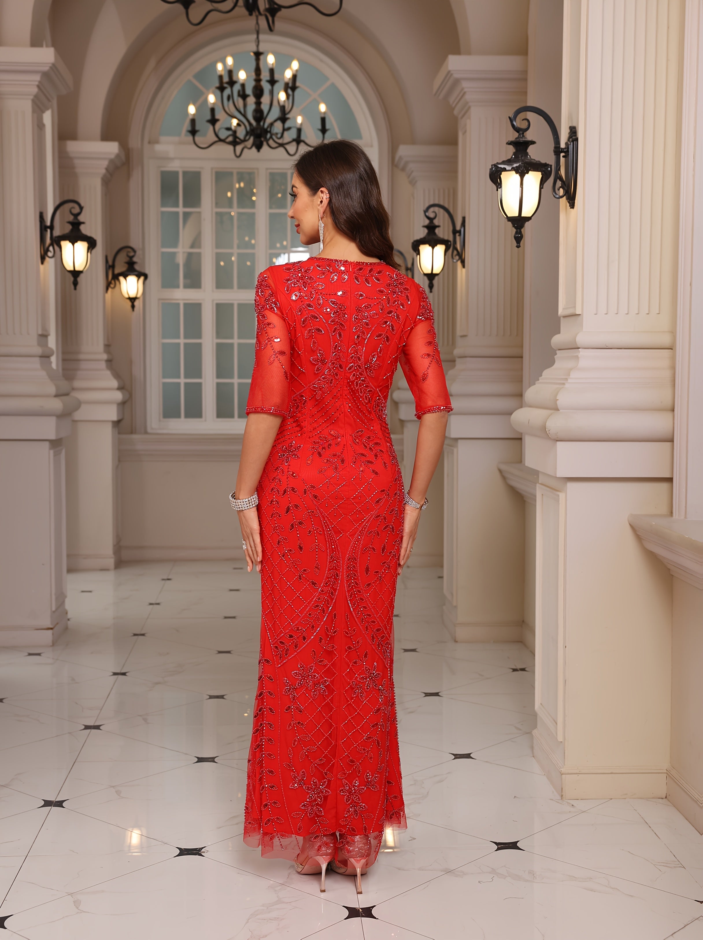 Plus Size Long Sleeve Red Sequin V-Neck Mermaid Dress for Women