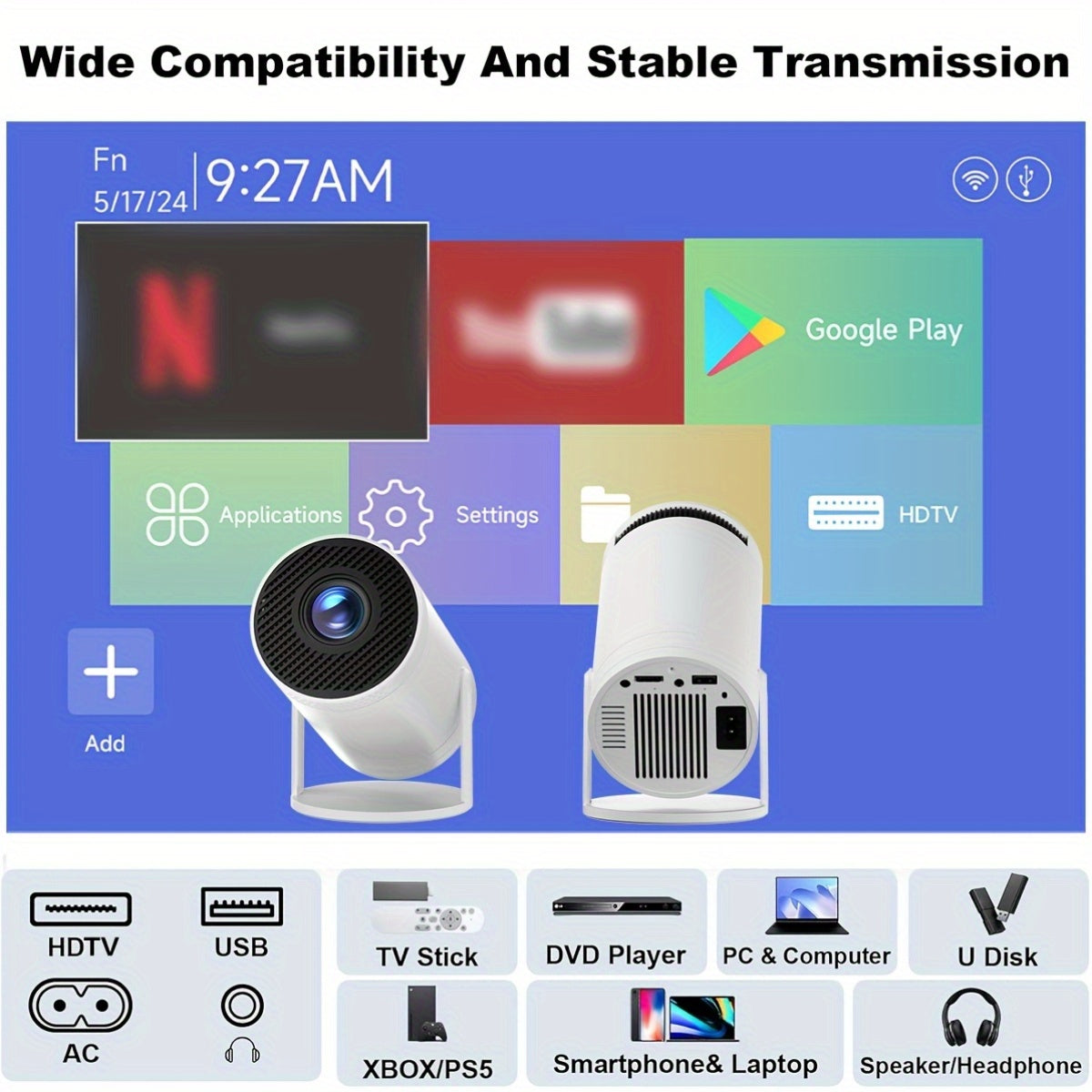 Portable 4K Smart Home Theater Projector with 270° Rotation Wall Support
