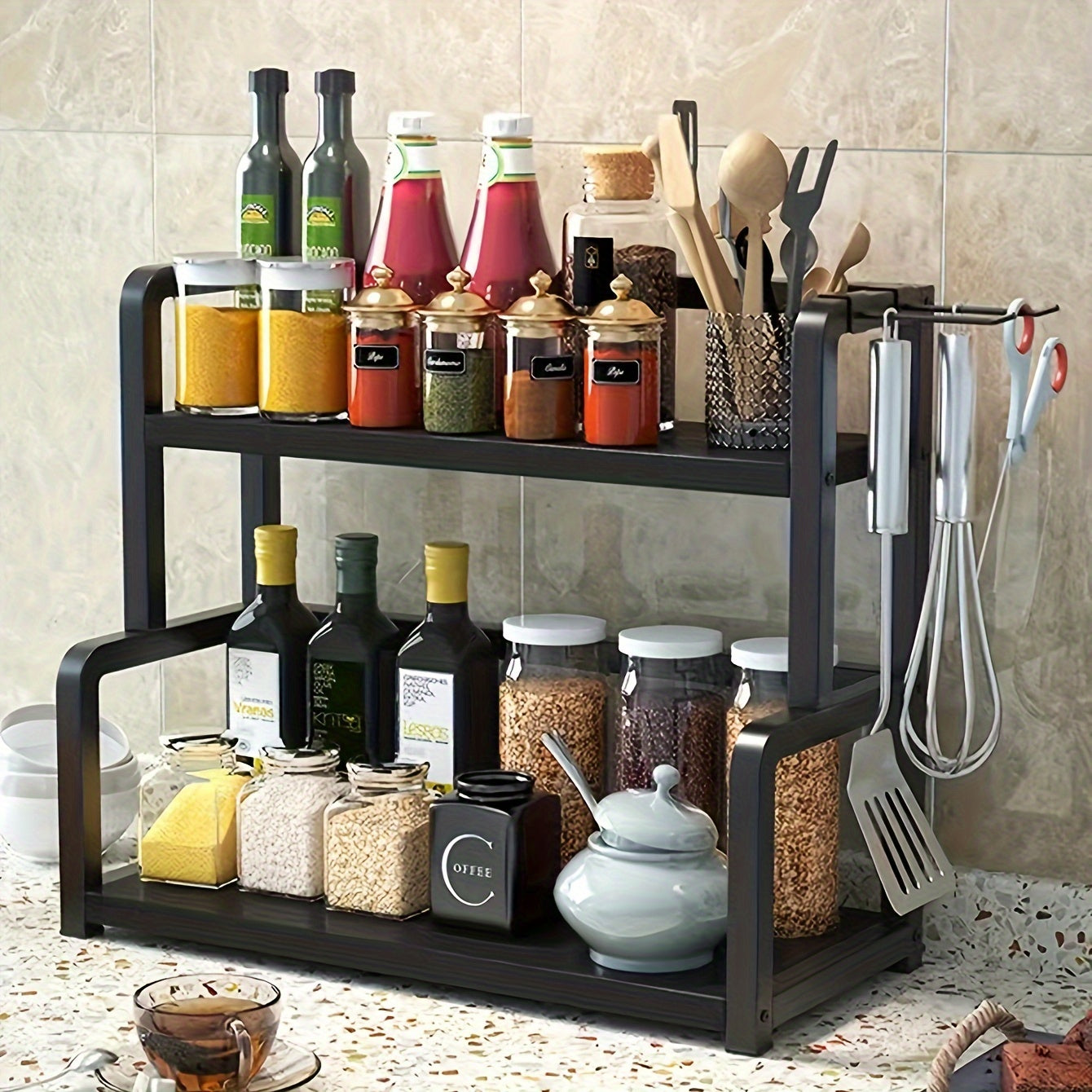 Stainless Steel Kitchen Storage Rack with Multi-Layer Seasoning Organizer