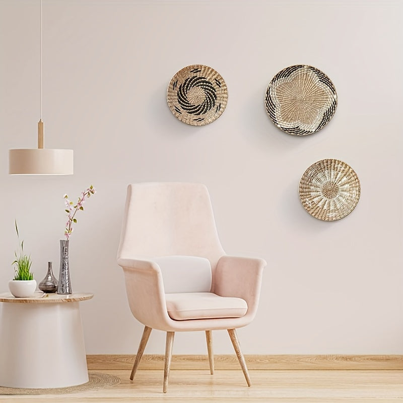 Set of 3 Handmade Bohemian Reed Wall Baskets Rustic Farmhouse Hanging Decor for Living Room Bedroom