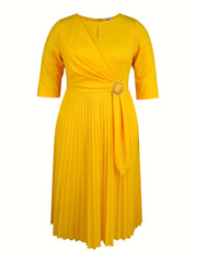 Women’s Mustard Yellow A-Line Midi Dress with Belt and Pleated Hem
