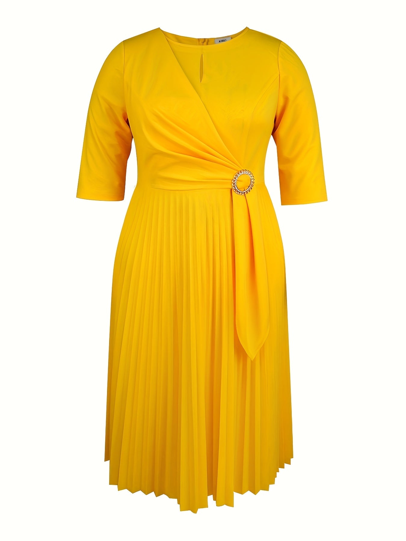 Women’s Mustard Yellow A-Line Midi Dress with Belt and Pleated Hem