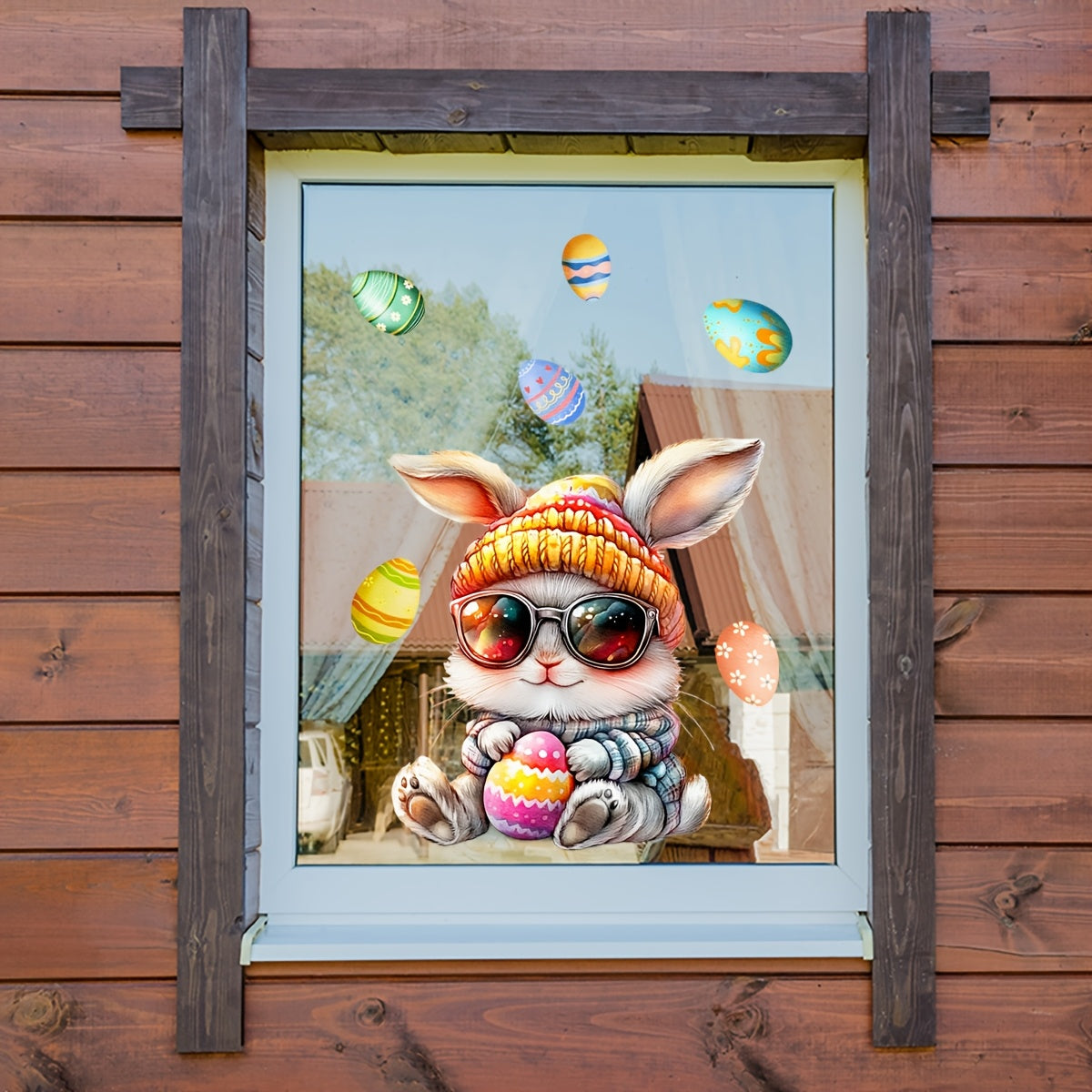Двусторонний визуальный эффект Пасхального Крутого Кролика Наклейка на окно для раскрашивания яиц с повторно используемым ПВХ-материалом и стеклянным клеем - DJ7562-NL, толщина 5 мил