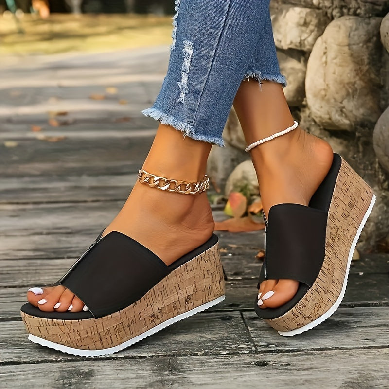 Women's Wedge Sandals PU Open Toe Slip-On Platform Heels for Summer Beach Casual
