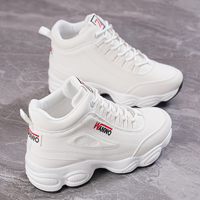 Women's White High-Top Sneakers with Rubber Sole and Breathable Fabric
