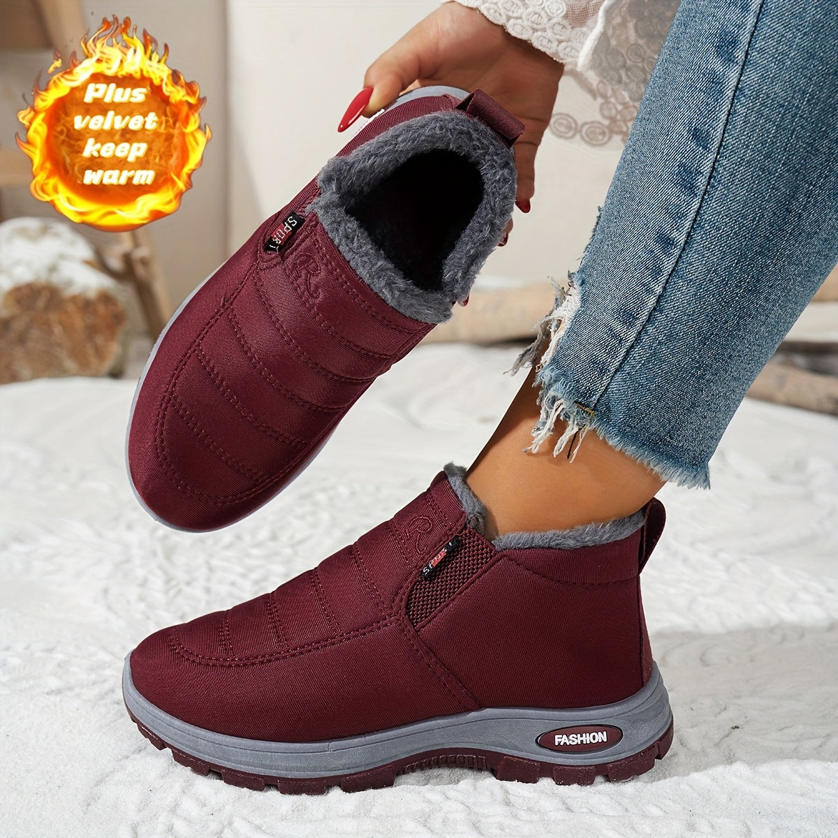Women's Fleece-Lined Short Boots Black Red Winter Outdoor Shoes