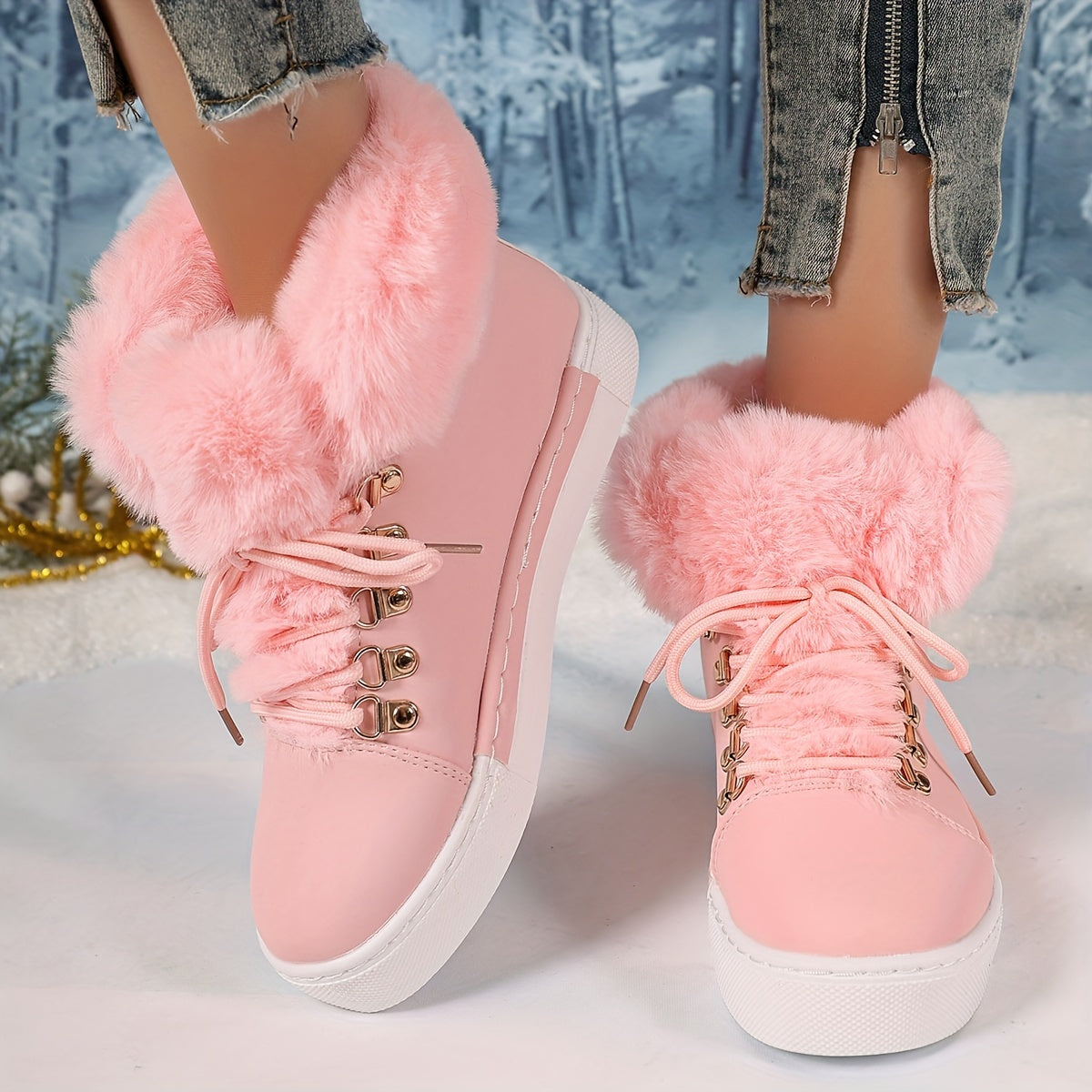 Women's Plush-Lined Winter Sneakers with Tiger Buckle in Black Pink