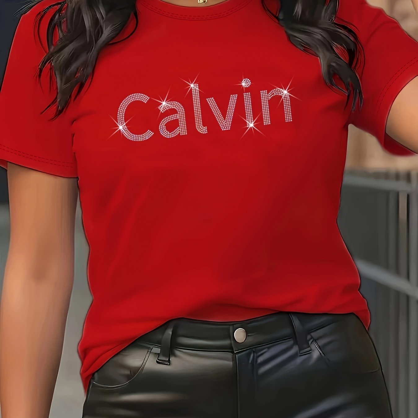 Plus Size Women's Glitter Graphic T-Shirt Black Short Sleeve Casual Top