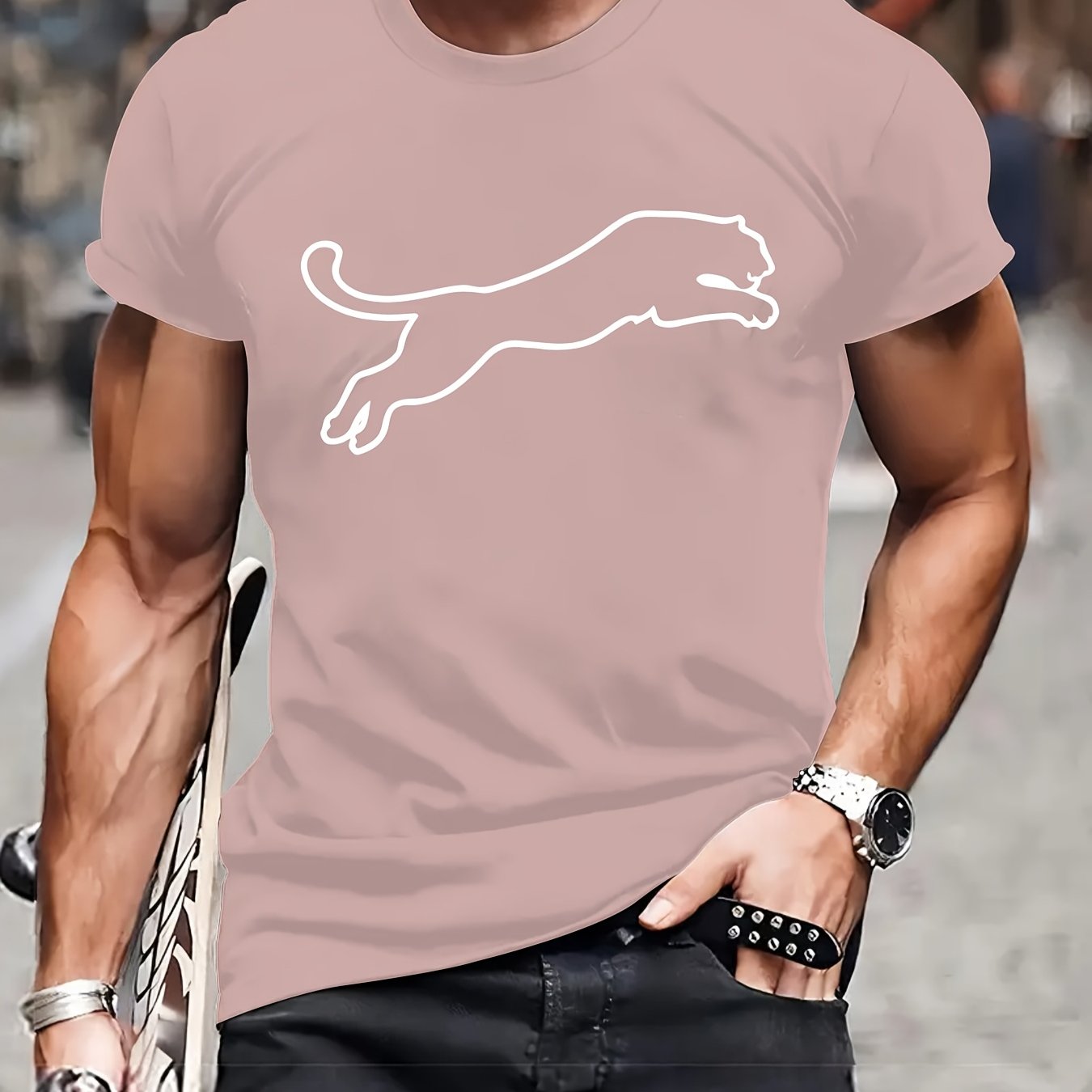 Men's Polyester Leopard Print Casual T-Shirt with Crew Neck Summer Fit