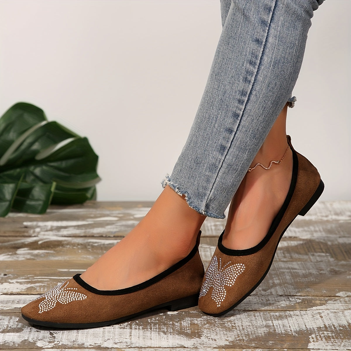 Women's Rhinestone Bow Flats Black Square Toe Mary Jane Shoes Slip-On