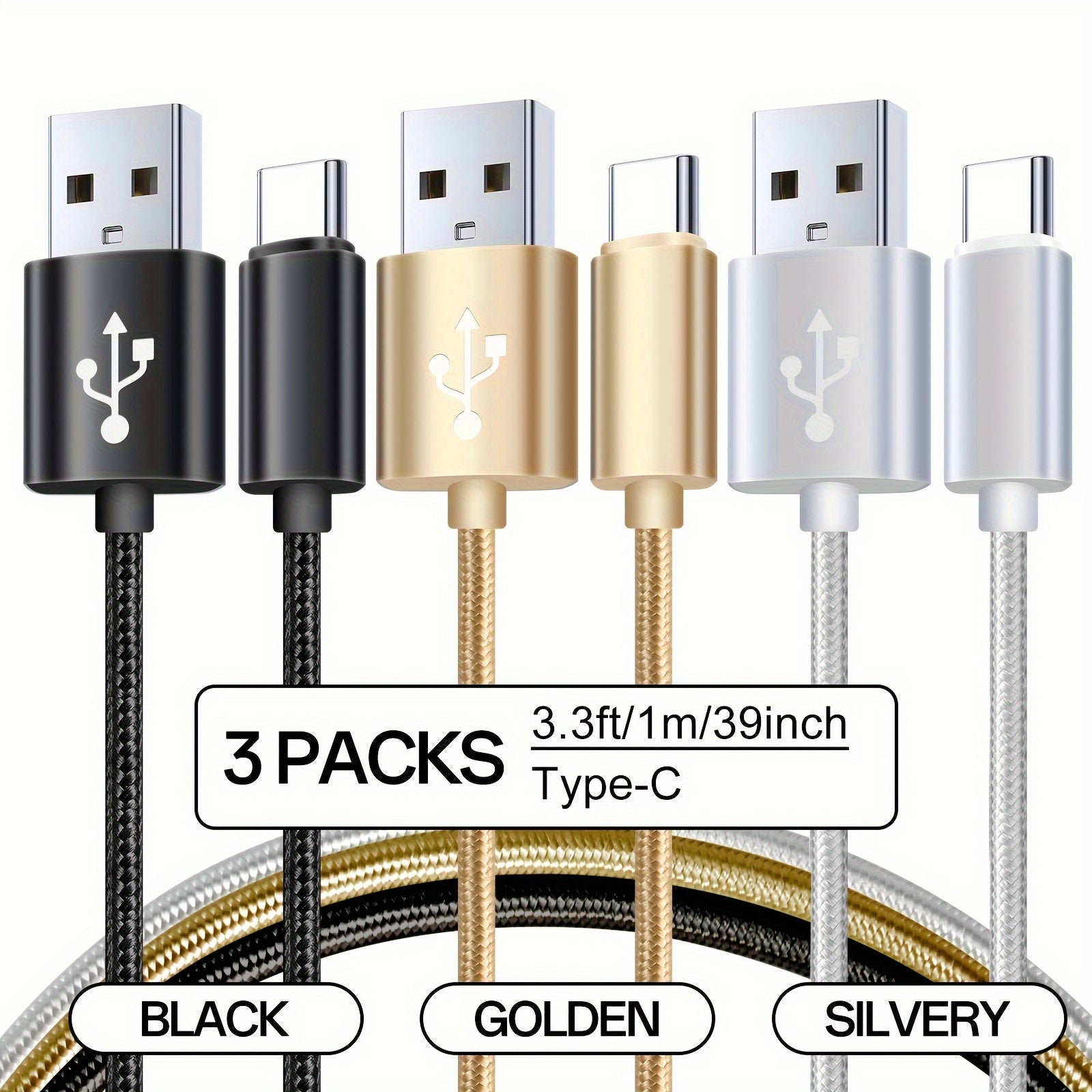 3pcs Nylon Braided USB C Charging Cables Fast Data Transfer for Samsung Google Pixel LG Sony Oppo Moto