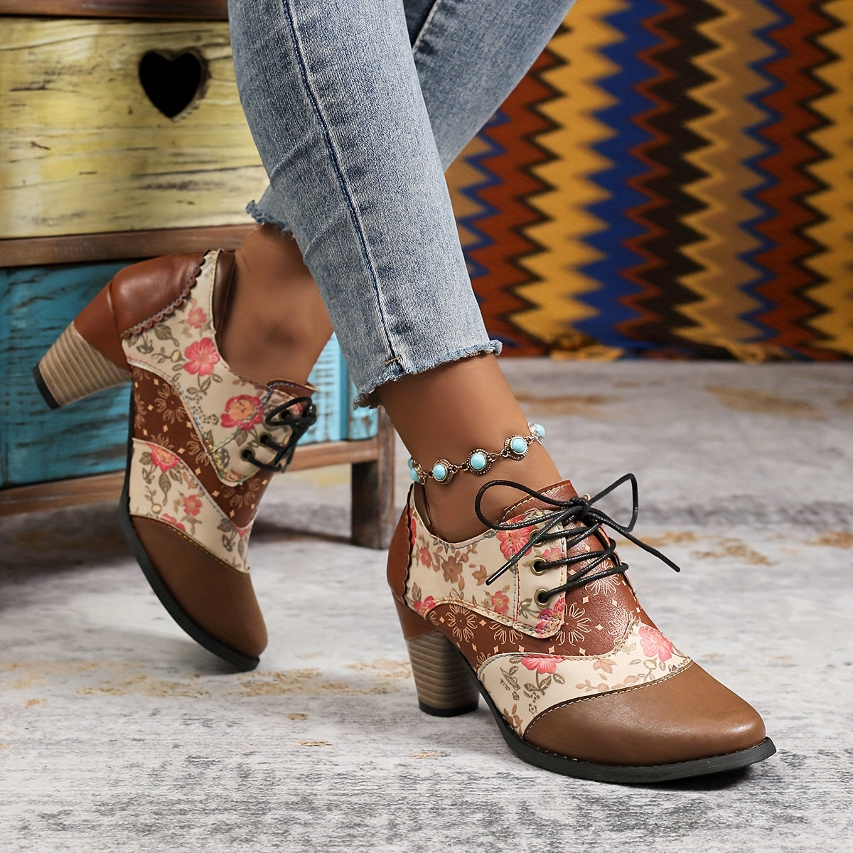 Women's Floral Bohemian Lace-Up Ankle Boots Faux Cover PU Sole All-Season Casual Formal