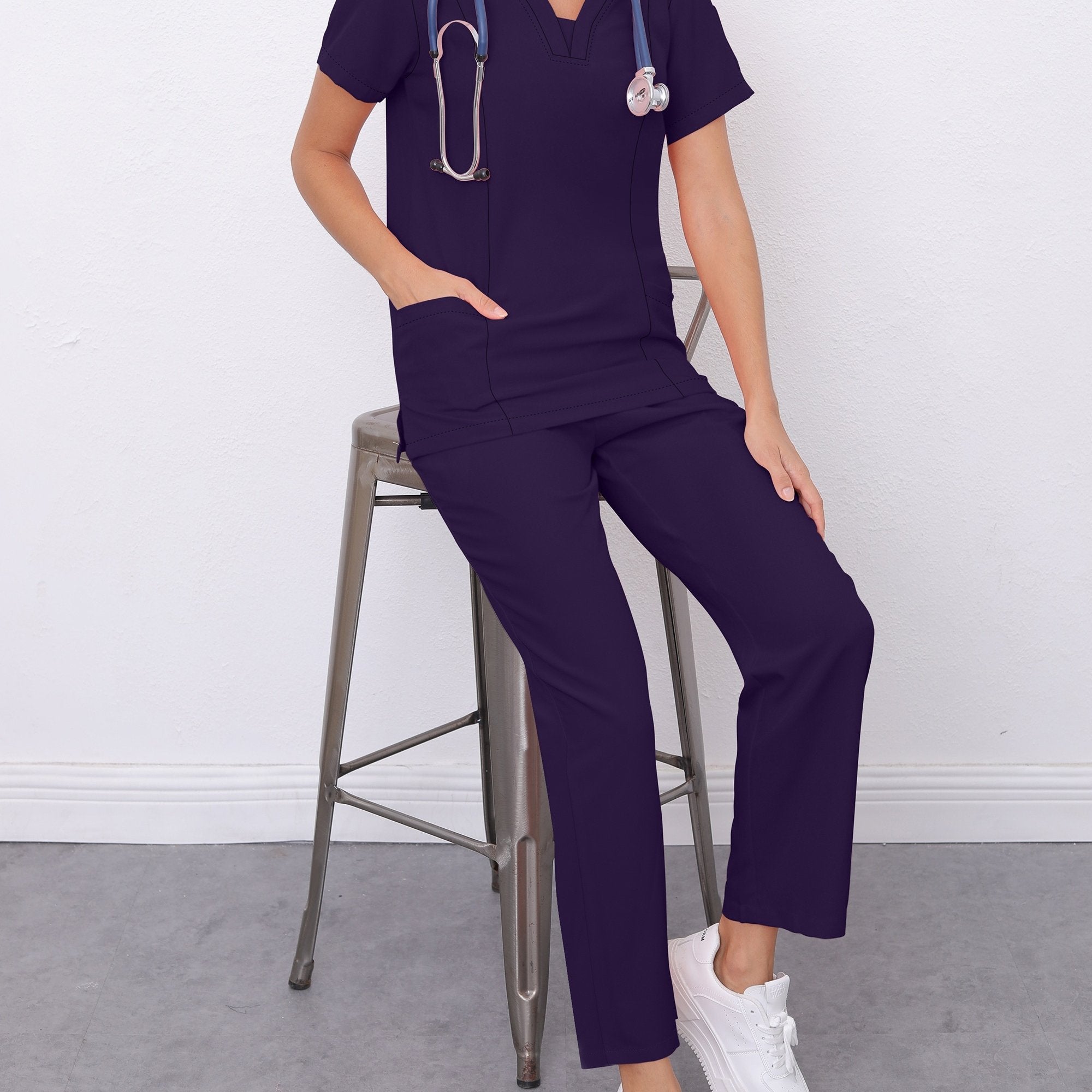 Women's Scrub Set V-Neck Top and Drawstring Pants Breathable Polyester Spandex Medical Uniform
