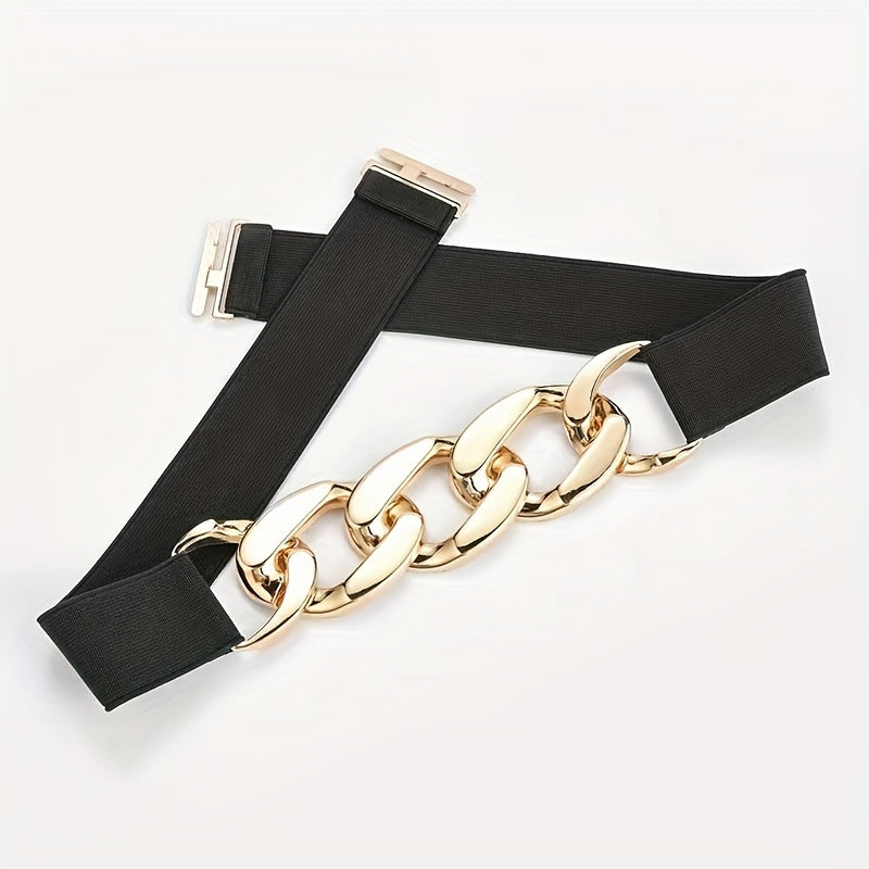 Wide Waist Belt for Women with Gold Chain Hollow Out Design Elastic Vintage Style for Dresses Coats