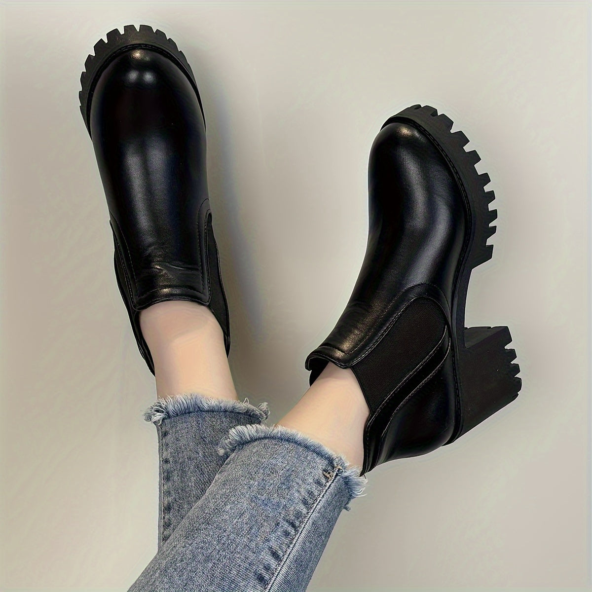 Women's Faux Cover Ankle Boots with Chunky Heel, Rubber Sole, Black