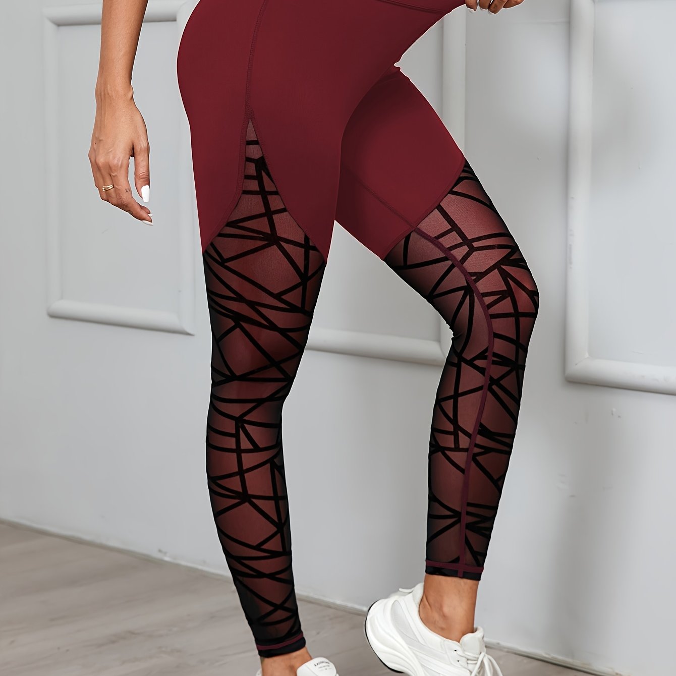 Women's High Waist Geometric Mesh Leggings for Yoga and Fitness Medium Stretch Polyester