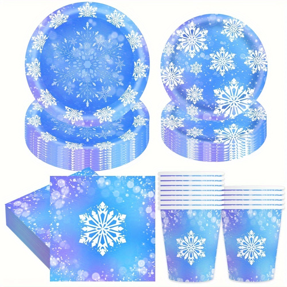 Paquete de suministros para fiesta de invierno congelado, platos de papel con copos de nieve, servilletas, vasos, 10 piezas
