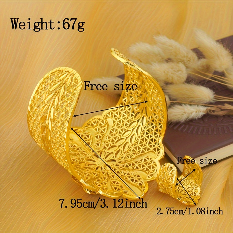 Gold Plated Copper Cuff Bracelet and Ring Set for Women Bohemian Style Jewelry