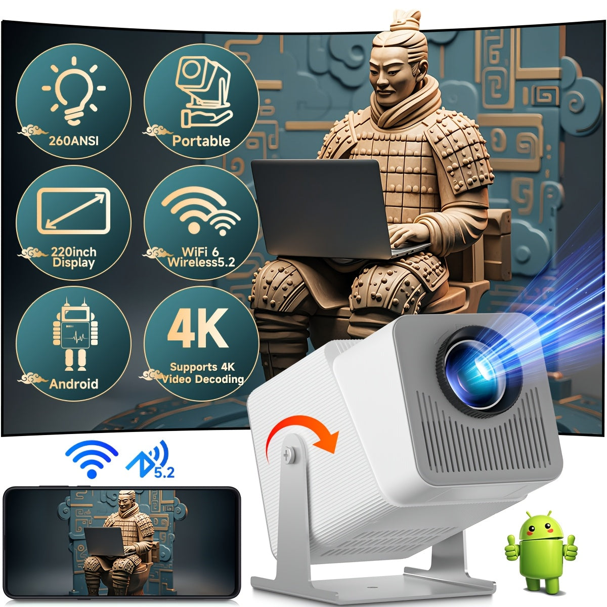 Портативный 4K видеопроектор с вращением 180°, Wi-Fi 5G, для дома и офиса
