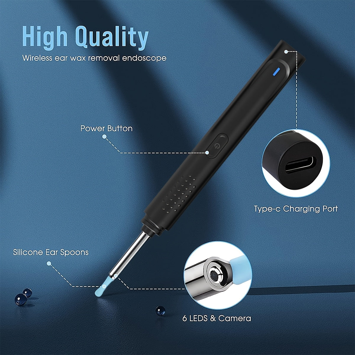 Ear Wax Removal Kit with 5 Silicone Heads USB Rechargeable for iOS and Android