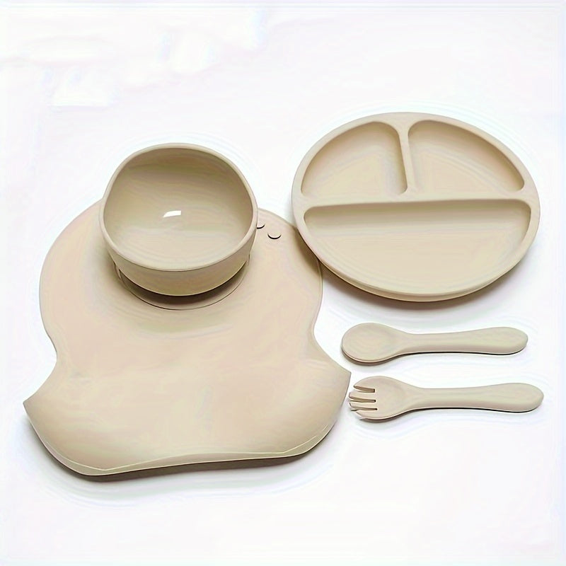 Juego de vajilla de silicona para niños con cuenco, plato dividido, cuchara, tenedor, babero impermeable