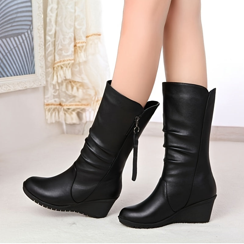 Women's Faux Leather Slip-On Chunky Ankle Boots with Mid-Heel, Round Toe