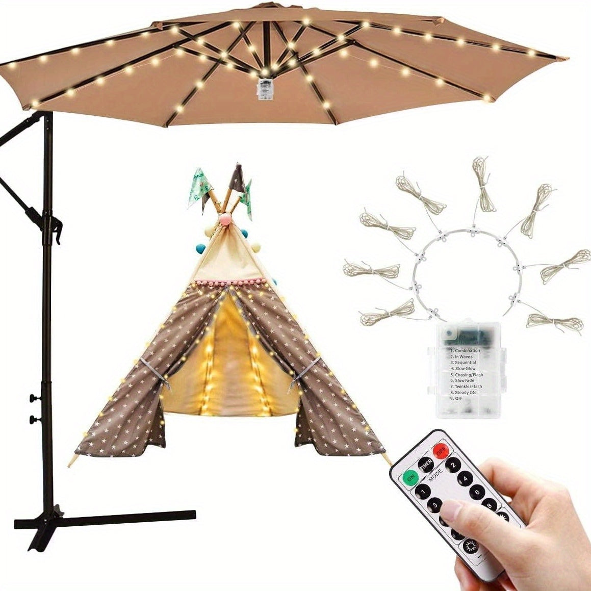 Cordless Outdoor Patio Umbrella Lights with Remote Control LED Battery Operated