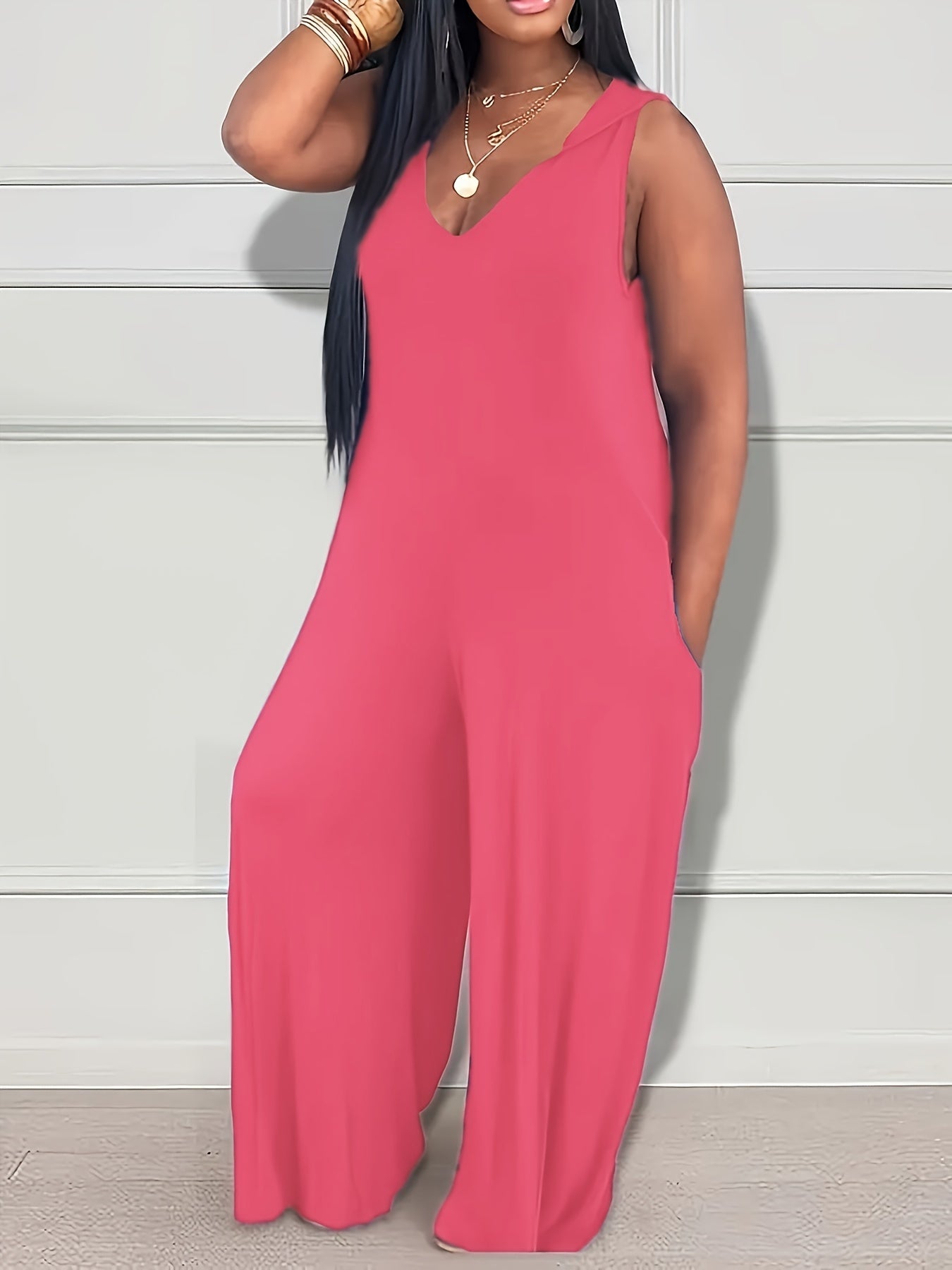 Women's Solid Color Hooded Jumpsuit Loose Fit Wide-Leg Romper with Pockets