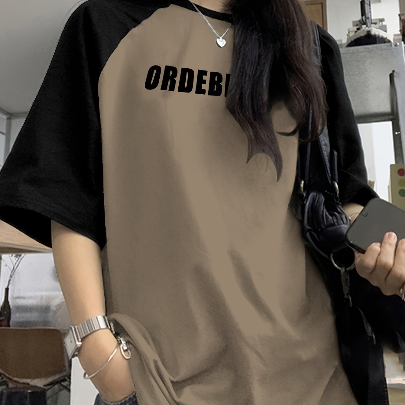 Women's Casual Raglan Sleeve Color Block T-Shirt with Letter Print for Spring Summer