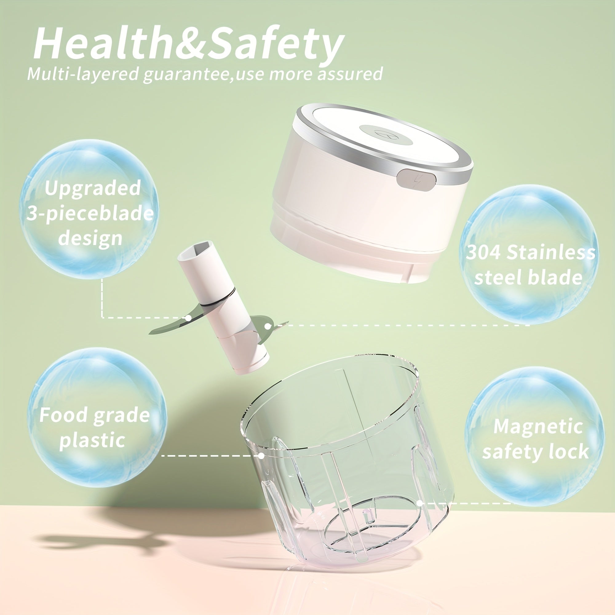 8.45oz sigʻimiga ega USB qayta zaryadlanadigan mini oziq-ovqat maydalagich. Sabzavotlar, mevalar, sarimsoq, piyoz, chili, selderey va zanjabilni maydalash uchun ideal. Goʻsht maydalash funksiyasini oʻz ichiga oladi. Portativ oshxona