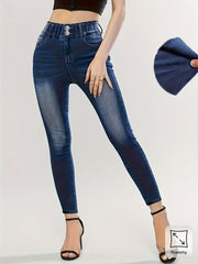 Jeans vaqueros de talla grande con cintura alta y efecto adelgazante, casual, de color sólido, para todas las estaciones