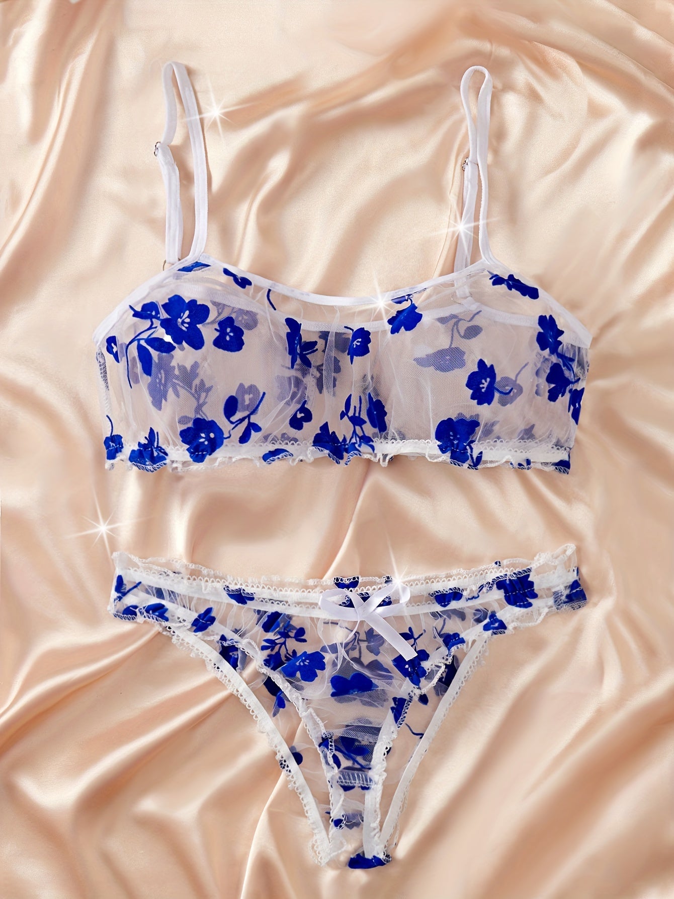 Women's Blue Floral Print Lingerie Set with Bow-Tie Bra and Low-Rise Panties