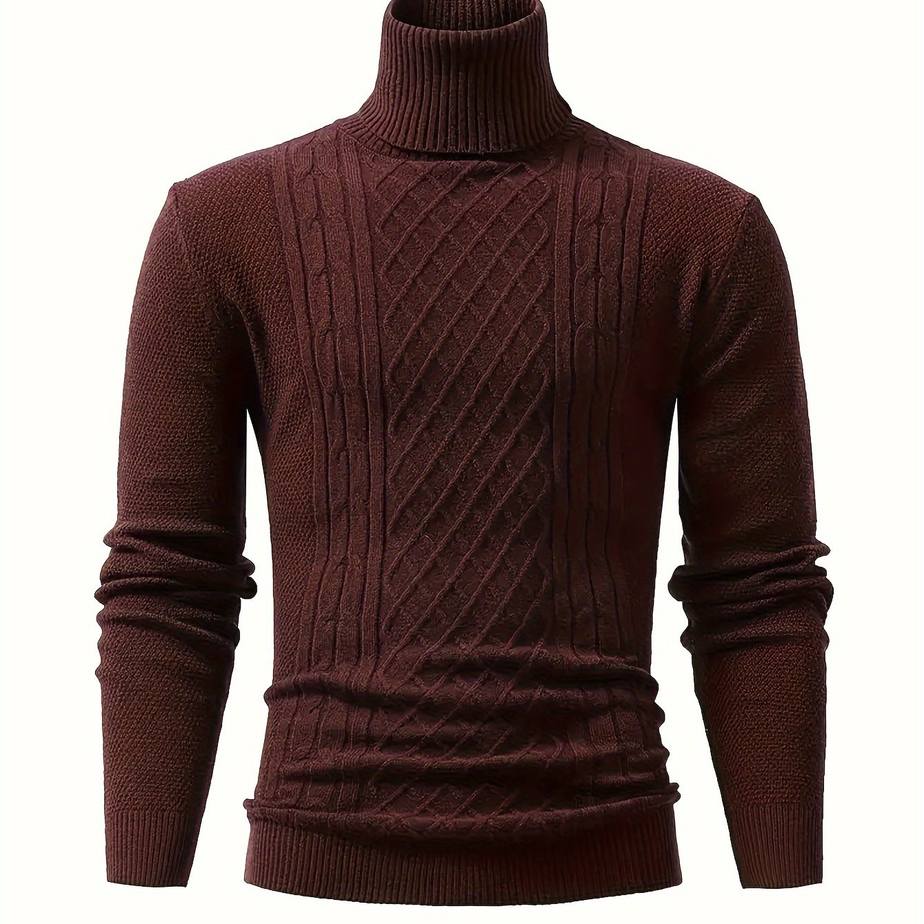 Men's Cable Knit Turtleneck Sweater Fall Winter Long Sleeve Solid Color Stretch Pullover