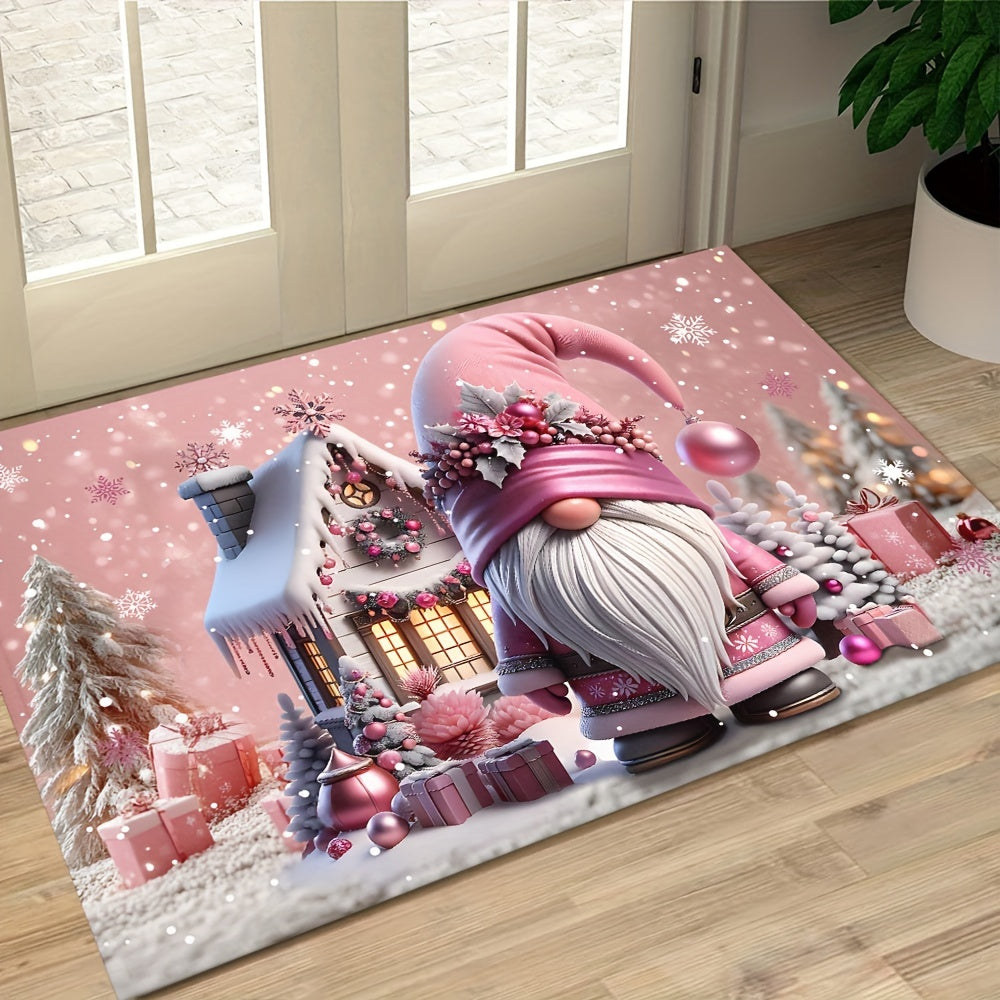 Pink Christmas Gnome Doormat 6mm Non-Slip Machine Washable Holiday Decor