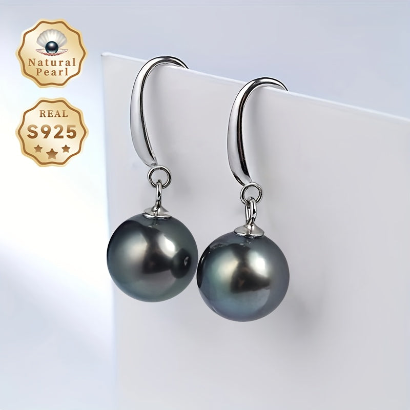 Women’s Black Tahitian Pearl Earrings 9-10mm Silver Dangle Jewelry Gift Box