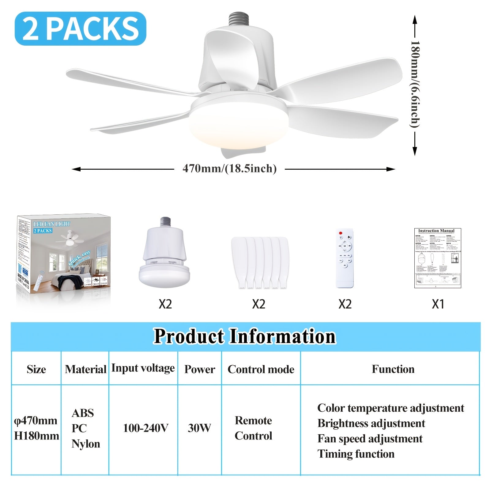 2pcs Socket Fan Light with Remote Control E26 E27 Dimmable LED for Bedroom