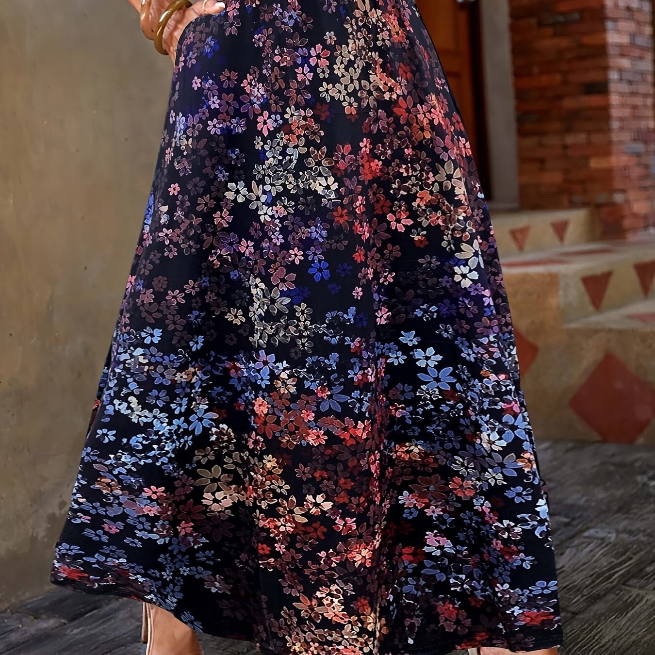 Women's Floral Skirt Plus Size Elastic Waist All-Season Pockets