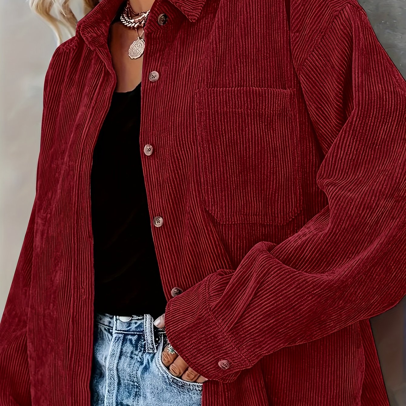 Plus Size Women's Corduroy Button-Up Shirt Long Sleeve Solid Polyester