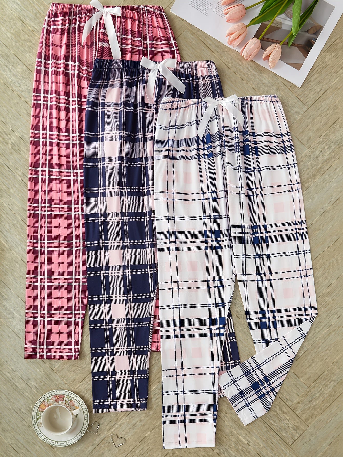 3-Pack Women's Plaid Sleep Pants Polyester Knit Casual All-Season