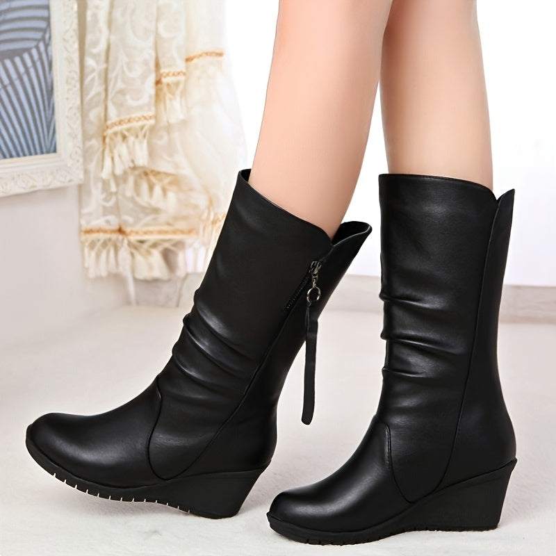 Women's Faux Leather Slip-On Chunky Ankle Boots with Mid-Heel, Round Toe