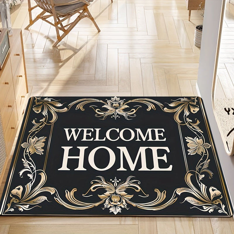 Super Soft Thick Square Carpet Rug with Golden Floral Lace Welcome Pattern Indoor Floor Mat